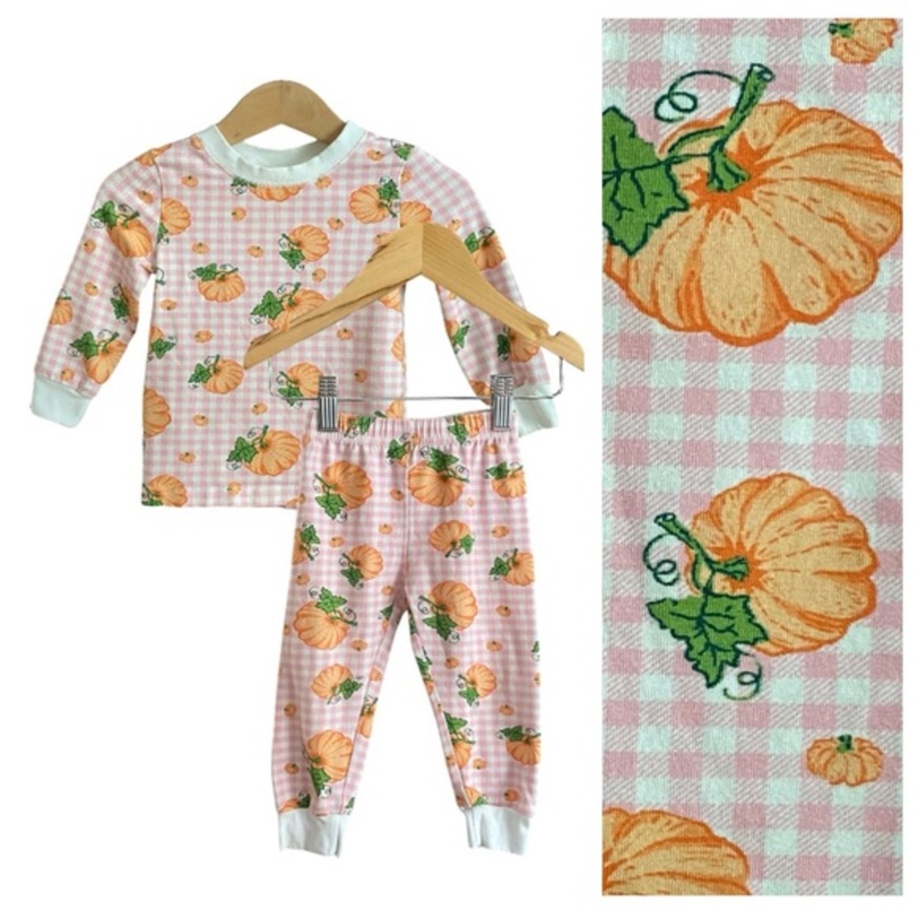 Classic Whimsy Pink Plaid Pumpkin Print Fall Halloween Pajama Set 18 months